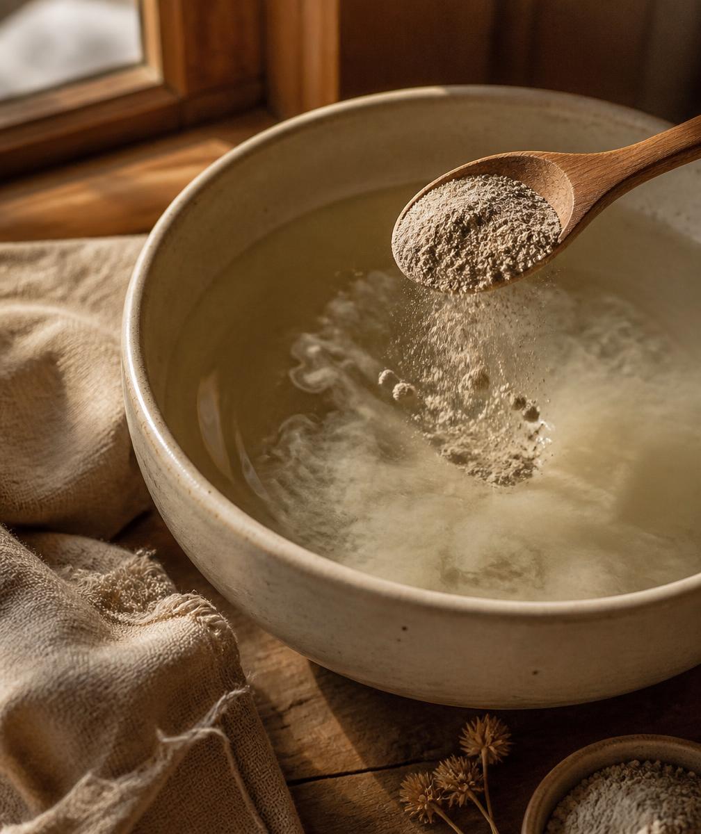 Fine clay falling from a wooden spoon into warm water